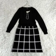 【スパークル】チェック柄長袖ワンピース　ニット　地模様　ビーズ　模様　カジュアル