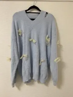 Dazy リボン付き シャギーニット ライトブルー L
