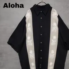 ヤシの木 アロハシャツ パネルライン ブラックボディ レーヨン Lのサムネイル