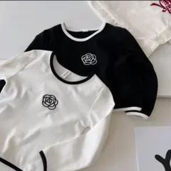 【新品未使用】パイピングデザイン花刺繍リブトップス ホワイト110サイズ