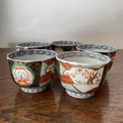 江戸後期 古伊万里 窓絵花鳥文 赤地金彩唐草文 覗き猪口 輪花型 向付