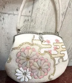 レトロ ビーズバッグ 花柄 ホワイト