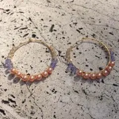 ⭐︎ハンドメイド⭐︎スワロフスキー&ローズピンクパール フープ ピアス