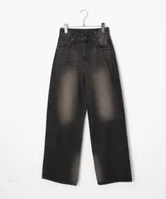 ハイウエスト ストレートワイドデニムパンツ ビンテージ風ブラックのサムネイル