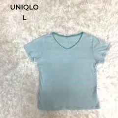 UNIQLO 半袖 Vネック Tシャツ ボーダー L ミントグリーン 綿100%