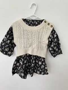 新品　プティマイン　ニットベスト付き花柄ワンピース　黒