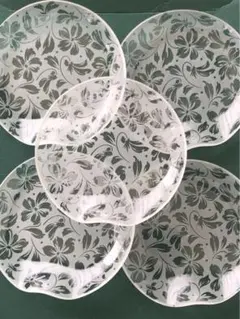 美品‼︎ 昭和レトロ　ガラス花柄小皿　5枚セット　ひねり　デザート皿　オシャレ