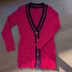 ケーブル編み赤カーディガン Mサイズ