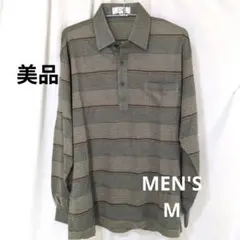 値下げ！美品！メンズストライプ柄 グレー系 ポロシャツ M　ほぼ未使用