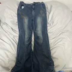 ROMWE ストーン装飾 ダークデニム フレアパンツ L