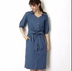 JUSGLITTY 新品タグ付　七分袖シャツワンピース ベルト付 ブルー