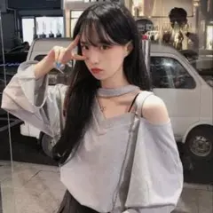 グレー スウェット　ワンショル　オフショルダー 長袖 トップス