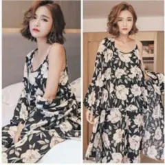 3点セット！ルームウェア ブラック 部屋着 パジャマ カーディガン 花柄　L