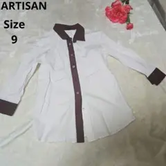 【オシャレ⭐ARTISAN】白　ボルドー　シャツ　サイズ9のサムネイル