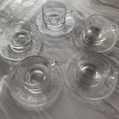 レトロモダン ガラス製エンボスカップ&ソーサー5個セット
