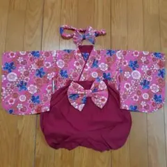 ベビー袴 女の子 60〜 70cm 鶴と扇 金彩 百日祝 ワインレッド G27 