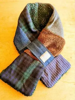 軽くて暖かい　ウール混チェック　ヒッコリーデニム　ボアマフラー