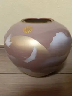 陶器 花瓶 壺 鶴 菊紋様