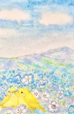 みみ様専用水彩画　ネモフィラ畑で寄り添う小鳥　値段は※900円です