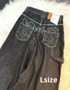 バギーデニム L 刺繍 ワイド ジーンズ デニム Y2K風 極太ブラック 新品