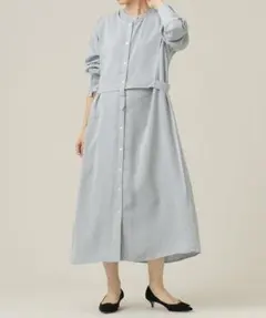 O1117ナノユニバースロングシャツワンピース長袖ライトブルー無地バンドカラー