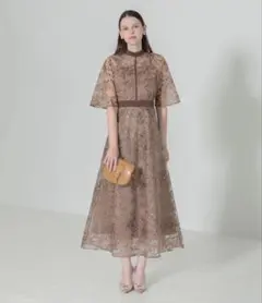 leja スパンコール花柄刺繍プチハイネックAラインワンピース S ブラウン