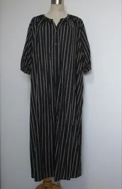 ストライプ柄 七分袖ロングシャツワンピース グリーン 深緑 M 綿