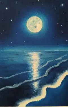【原画：ハガキサイズ】　月夜の青い海　オイルパステル画