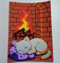 猫　暖炉　焚火　炎　手描き　イラスト　原画　一点物　A4