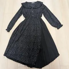 ドットワンピース　ブラック　長袖　プリーツ　ドッキング　Мサイズ