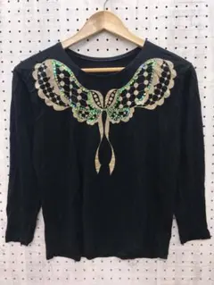 レトロ ボヘミアン 古着 スパン刺繍 リボンバタフライ グラフィック トップス