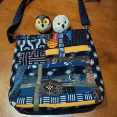 絣ショルダーバッグ柿渋染＋古布＋刺し子ハンドメイドショルダーバッグ古布かばんのサムネイル
