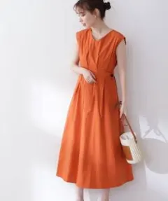オレンジ ノースリーブ ロングワンピース