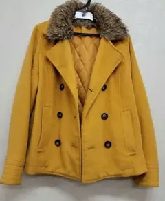 ファー付きダブルブレストコート マスタード
