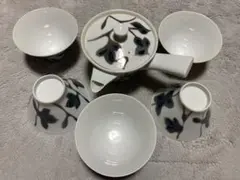 昭和レトロ 白磁 葉文様 茶器セット 急須 湯呑み 5客揃 和食器 煎茶器