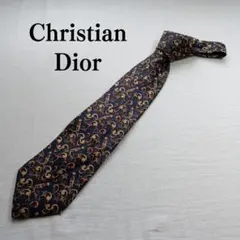クリスチャンディオール ネクタイ 紺 総柄 ペイズリー 鳥モチーフ【n8746】