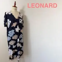 極美品 レオナール ワンピース 半袖 総柄 タッセルベルト ブルー L