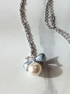 Ningnvshi ネックレス レディース パールと青いリボンのネックレス