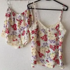 花柄 レース　シフォン　ルームウェア キャミソール ホットパンツ　M