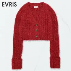 EVRIS エヴリス フェザーラメニットショートカーディガン レッド