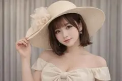 ベージュ ストローハット リボン付き