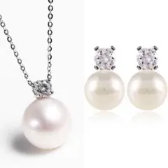 新品 セット 一粒パールイヤリング_シルバー　一粒パールネックレス_シルバー