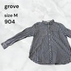 grove ギンガムチェック 長袖シャツ Mサイズ　紺色　襟付き　前あき　古着のサムネイル
