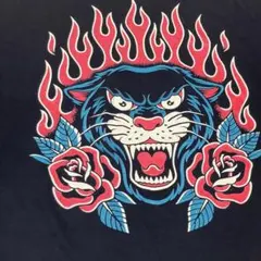 両面プリント パンサー ローズ Tシャツ L 黒 フレイム ファイアーパターン
