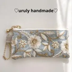 【くすみブルー×ゴールド刺繍】インド刺繍リボン マルチケース 内布リバティ