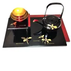 送料込特選会津塗 本漆天然木加工 高級御屠蘇器セット黒 市場価格30000 