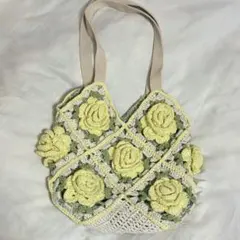 薔薇のかぎ針編みモチーフニットバッグ イエロー