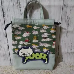 62 コットンこばやし デカねこアップリケ 持ち手付き巾着袋