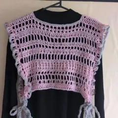 ハンドメイド かぎ針編みベスト ピンク+グレー