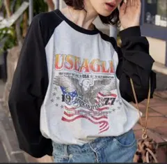 ヴィンテージライクロックデザイン オーバーサイズラグラン長袖Tシャツ